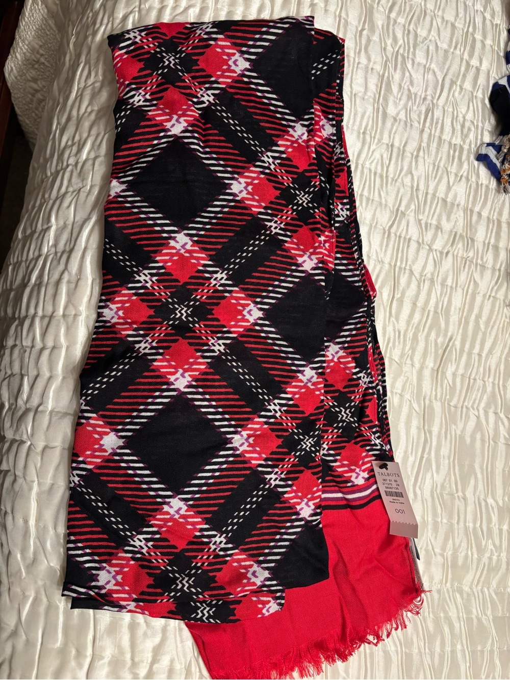 Talbots Red and Black Plaid Fringe Scarf! NWTS